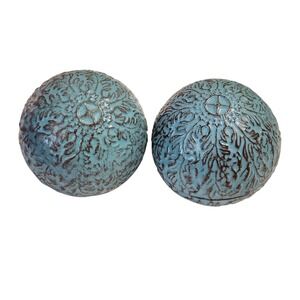 Set of 2 Turquoise Blue Embossed Floral Ceramic Decorative Orbs 4 Inch Spheres